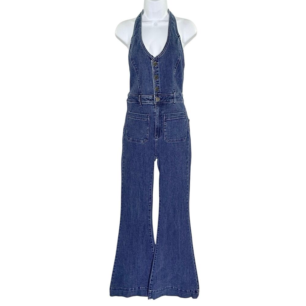 Show Me Your Mumu Fort Worth Jumpsuit M Blue Denim Halter Flared Western *flaw